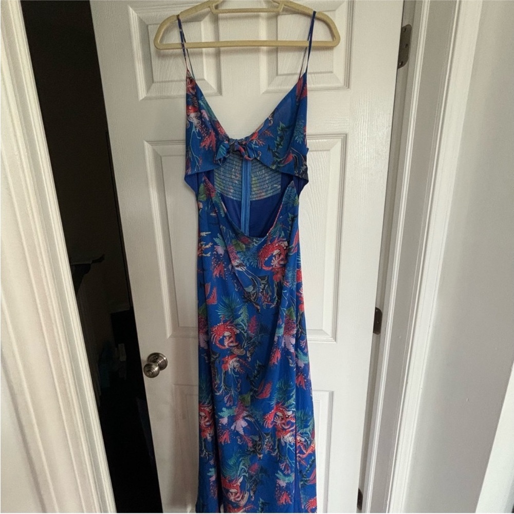 AKIRA Blue Floral Maxi Dress with Pink & Green Accents